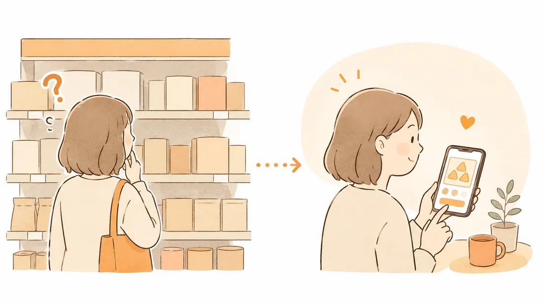 お店の棚で商品を探して見つからない人と、スマホの通販画面で見つけて安心する人の対比イラスト
