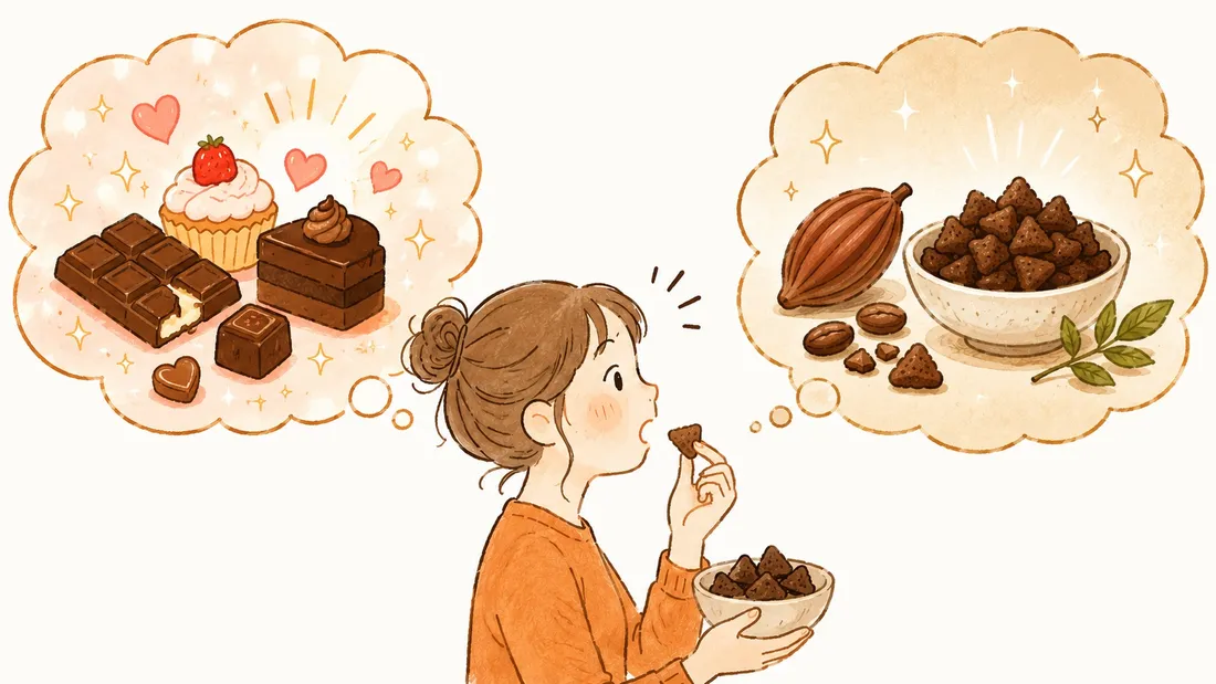 甘いチョコレート菓子を思い浮かべながらビターな豆スナックを食べて驚く人のイラスト