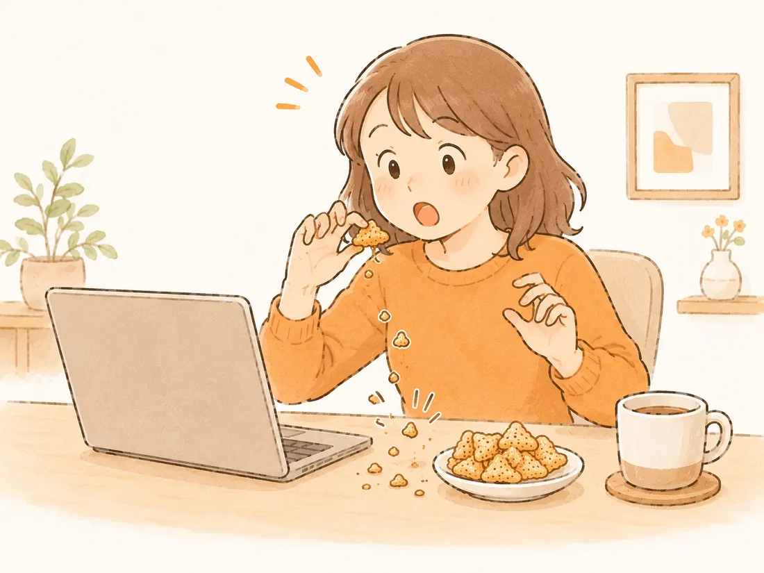 ノートパソコンの前で豆パフスナックをつまんだ拍子に、かけらをポロポロこぼして驚く女性のイラスト
