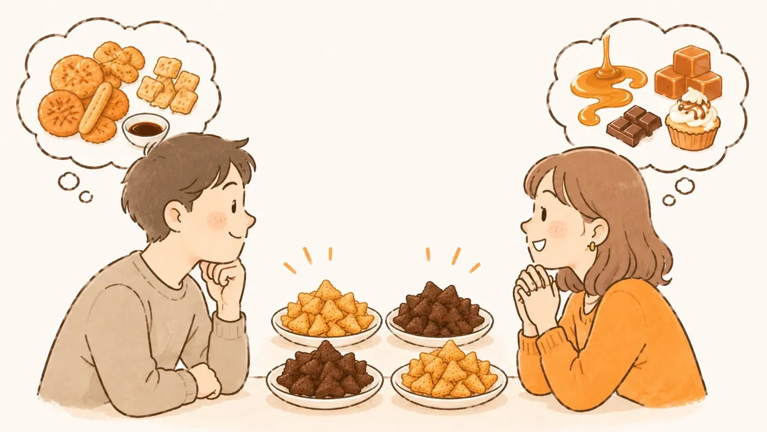 同じ豆パフスナックの皿を挟んで、せんべいを思い浮かべる夫とキャラメルやスイーツを思い浮かべる妻が向かい合うイラスト