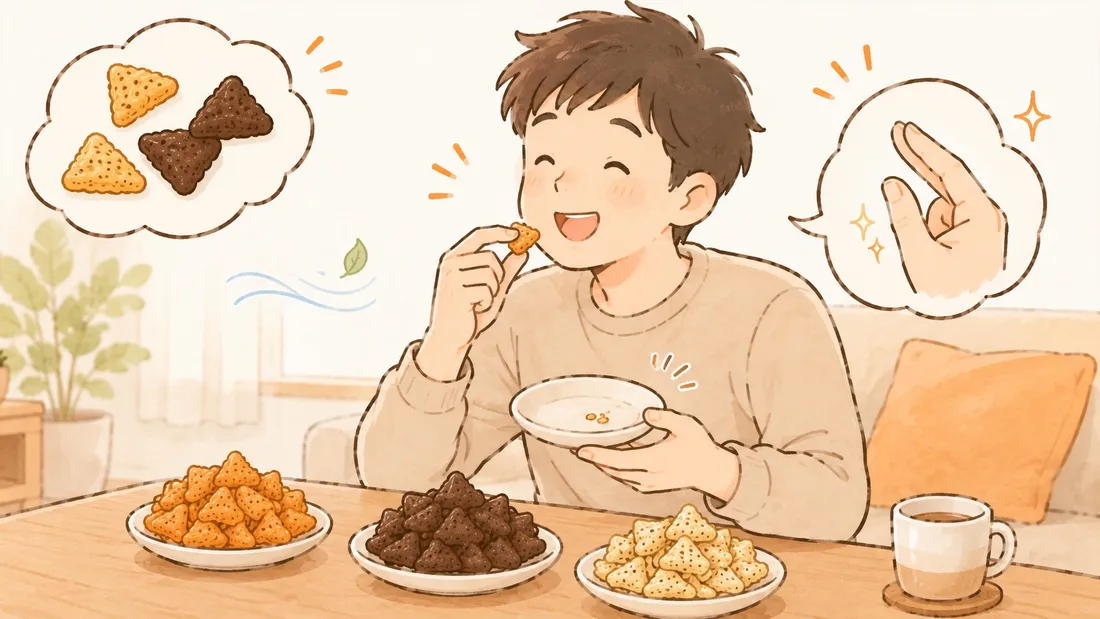 色違いの豆パフスナックの皿を並べて笑顔でつまむ男性。皿はほぼ空で、指先はきれいなままのイラスト