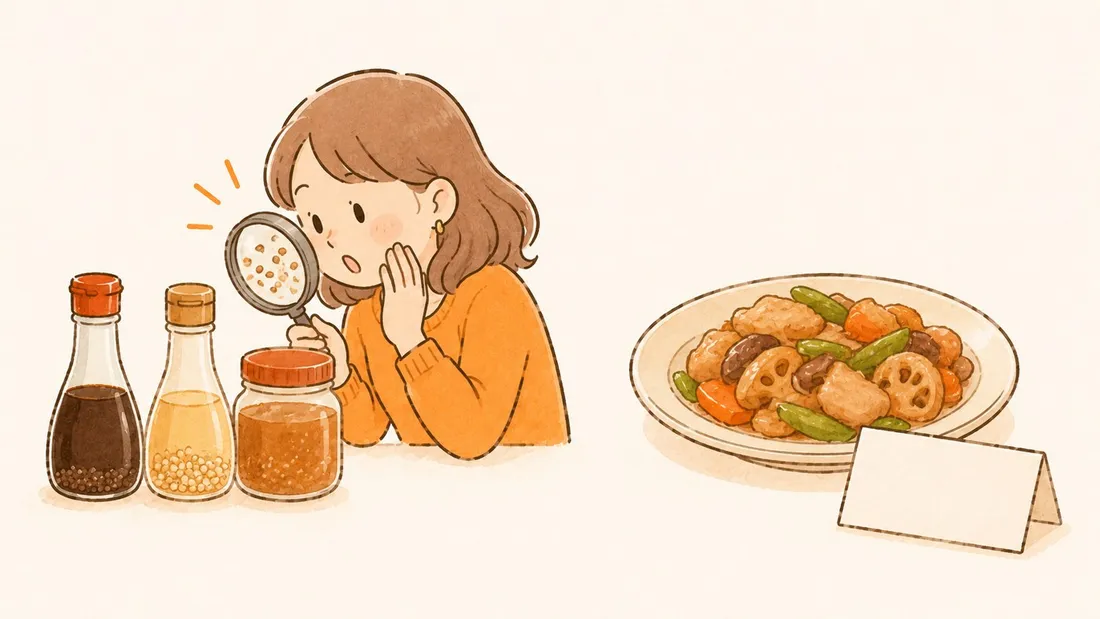 しょうゆ・だし・みその調味料ボトルの中身を虫めがねで確認する女性と、その調味料で作られた料理の皿に何も書かれていないラベルが添えられたイラスト